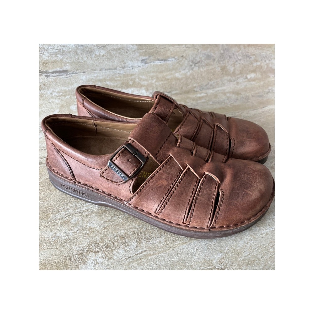Birkenstock Fisherman Sandals Men 8 Lady 10 Brown Leather Closed Toe Buckle Good